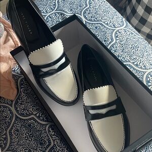 Marc Fisher Two-Tone Black and Cream Patent Penny Loafers